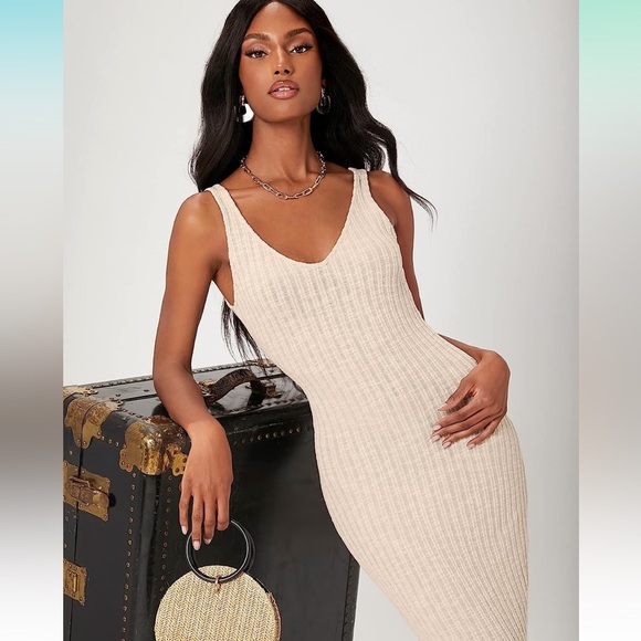 Women's Solid Sleeveless Mesh Ribbed Knit Bodycon Maxi Tank Dress - Picture 2 of 11